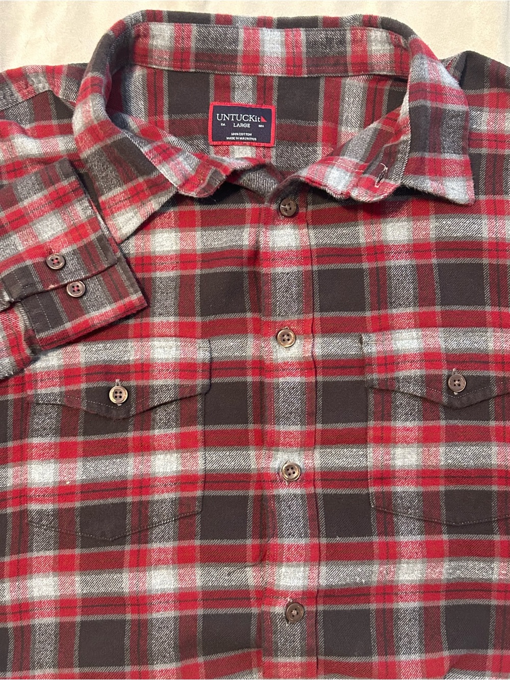 UNTUCKit Manning Flannel Shirt Mens L Red Gray Plaid Button Long Sleeve Cotton